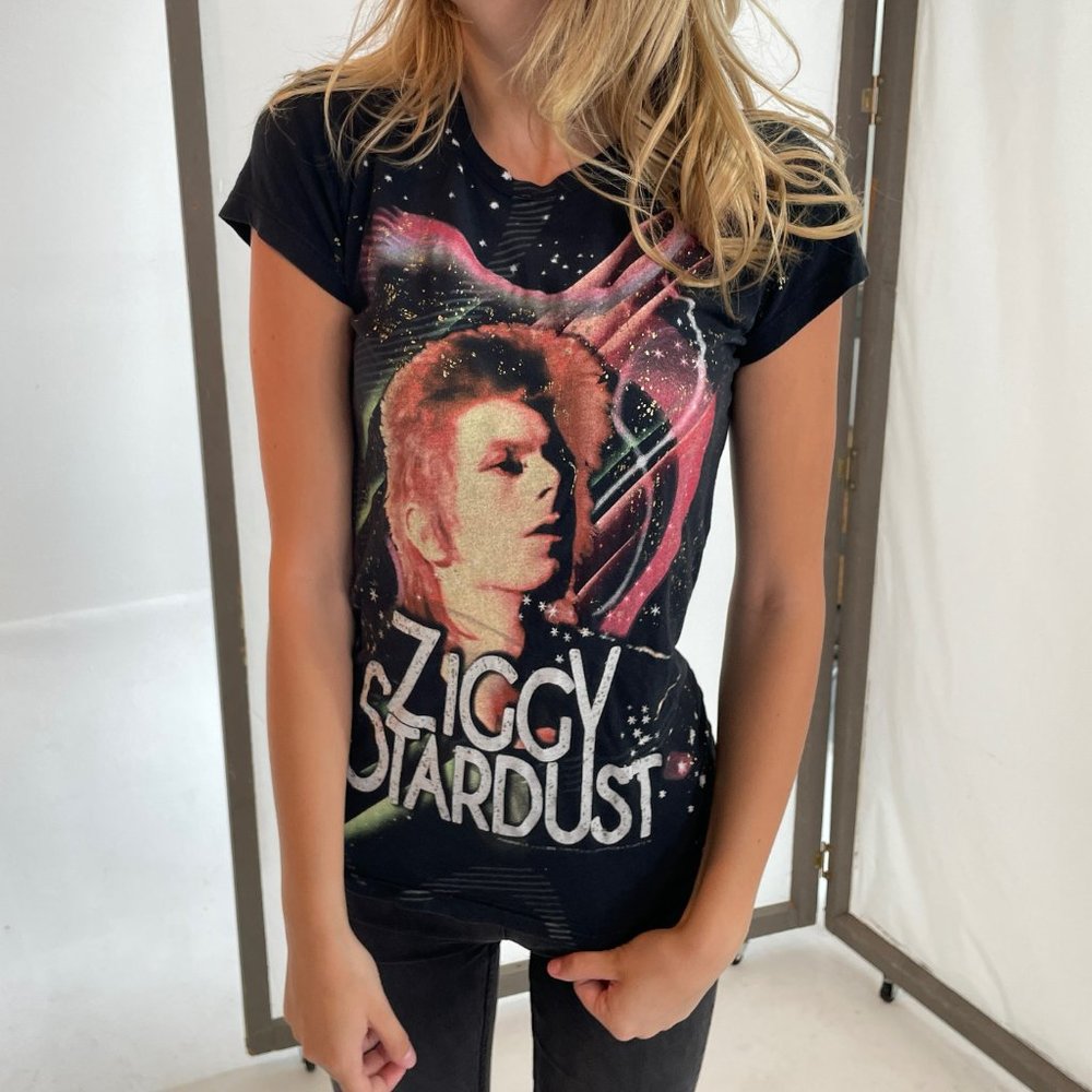 David Bowie Ziggy Stardust Cap Sleeve Band Tee with Gold Splatter Design Size: M